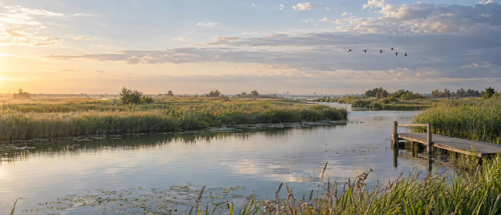 Laaglandrivier door een moerasgebied met riet en een houten vlonder bij zonsopkomst