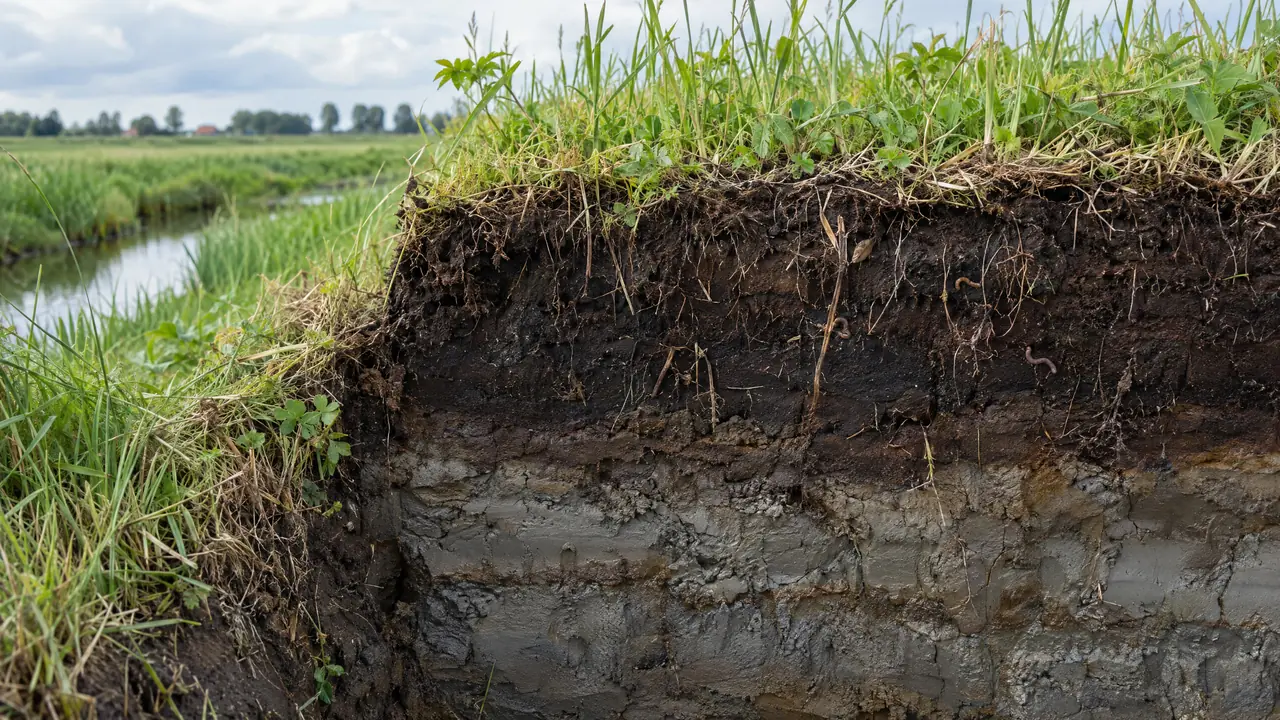 Bodemprofiel met veen- en kleilagen, wortels en graszoden